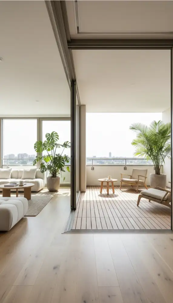 Open balcony doors showing matching decor inside and outside