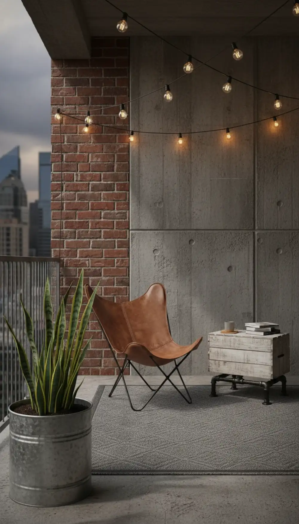 Industrial style balcony with concrete walls and leather butterfly chair