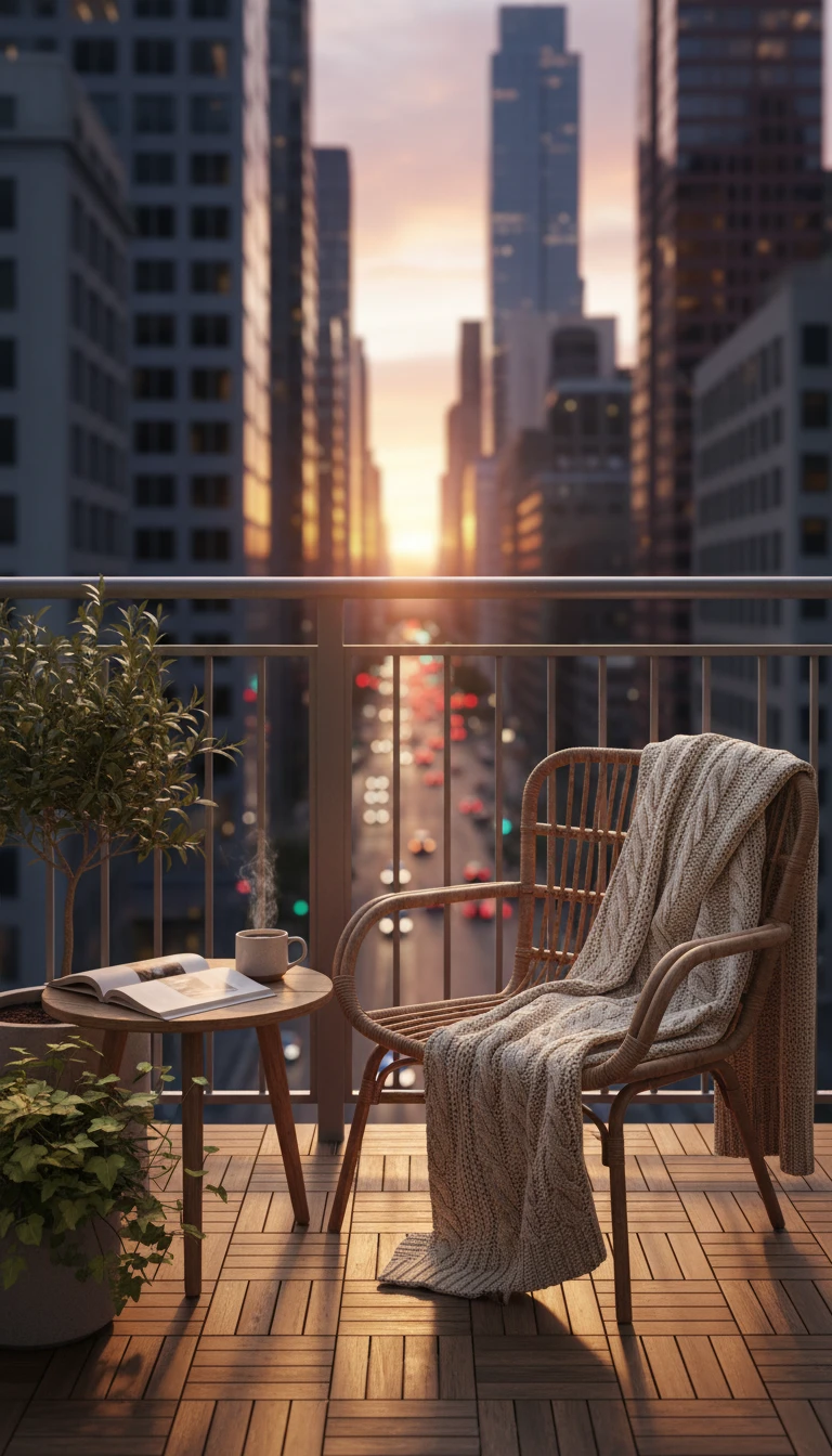 A cozy small balcony with a view and comfortable seating