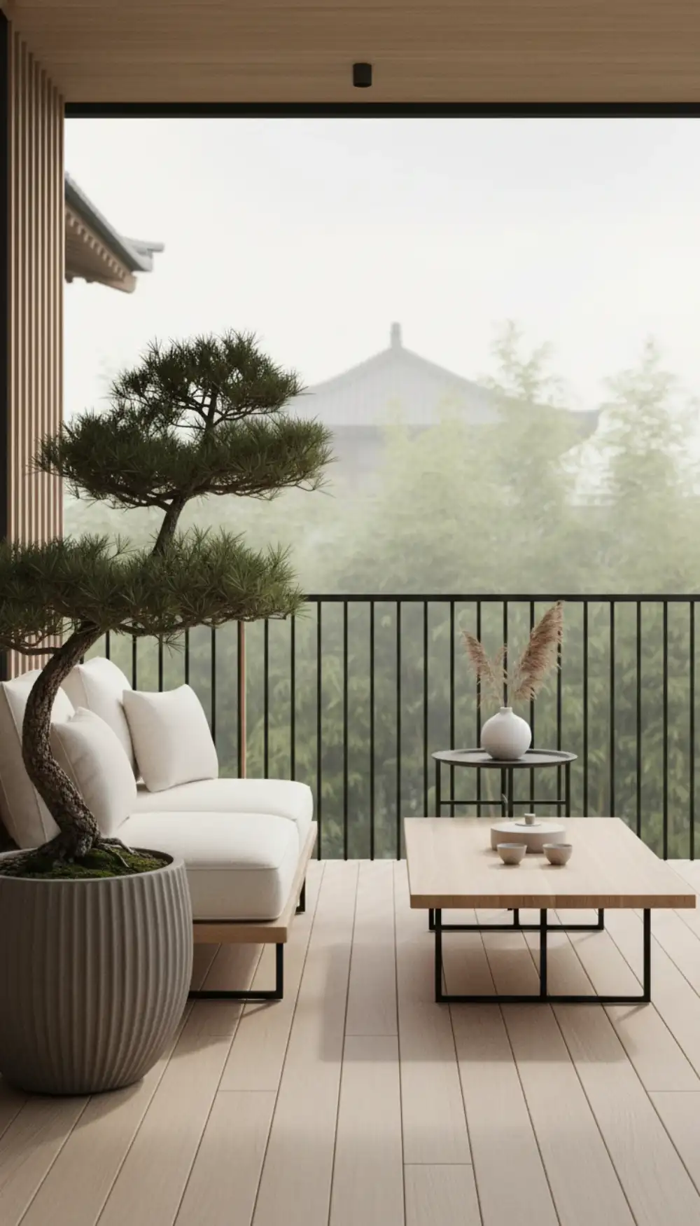 Japandi style balcony with light oak furniture and black accents