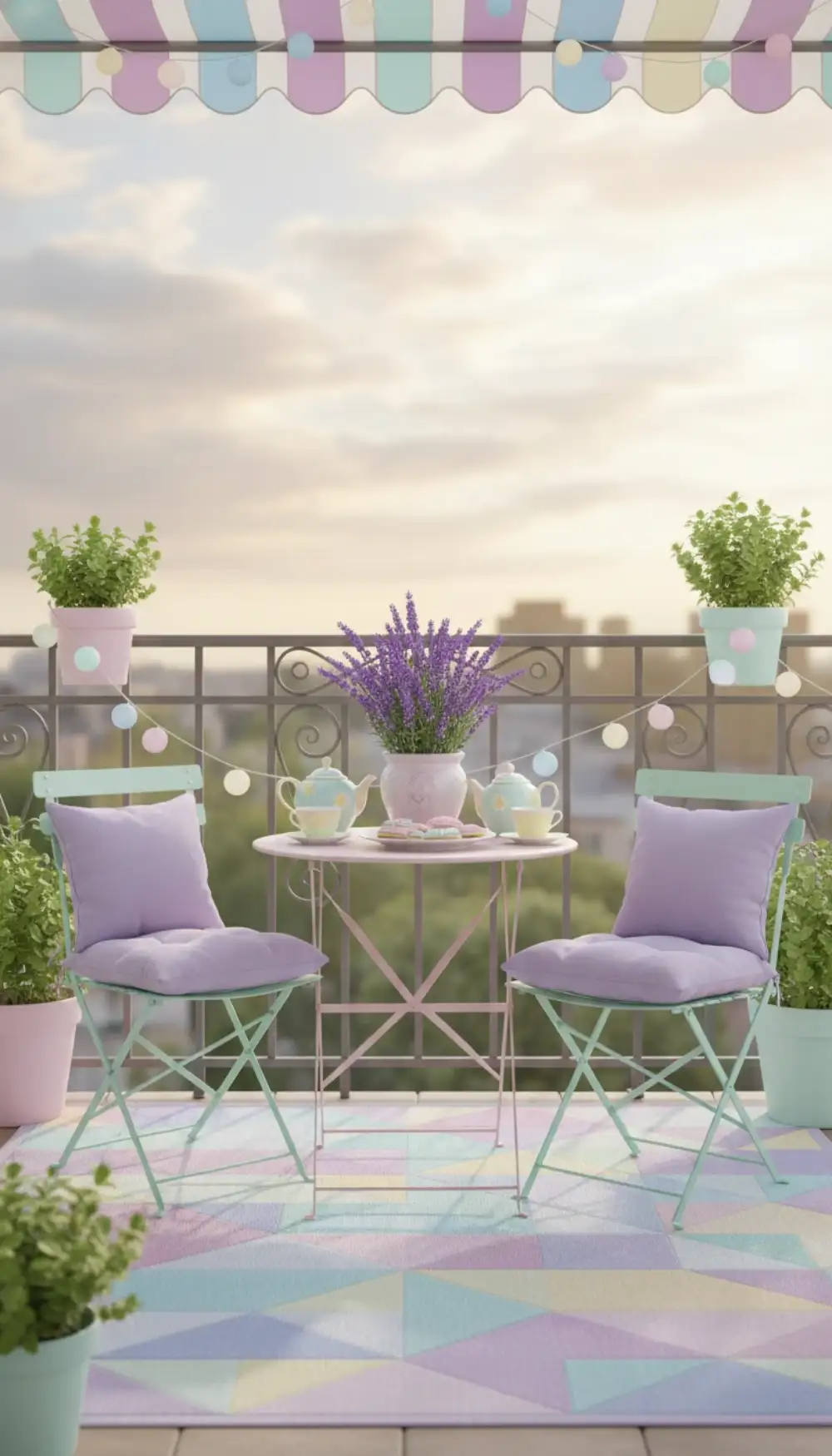 Pastel lavender and mint green decor on a small balcony