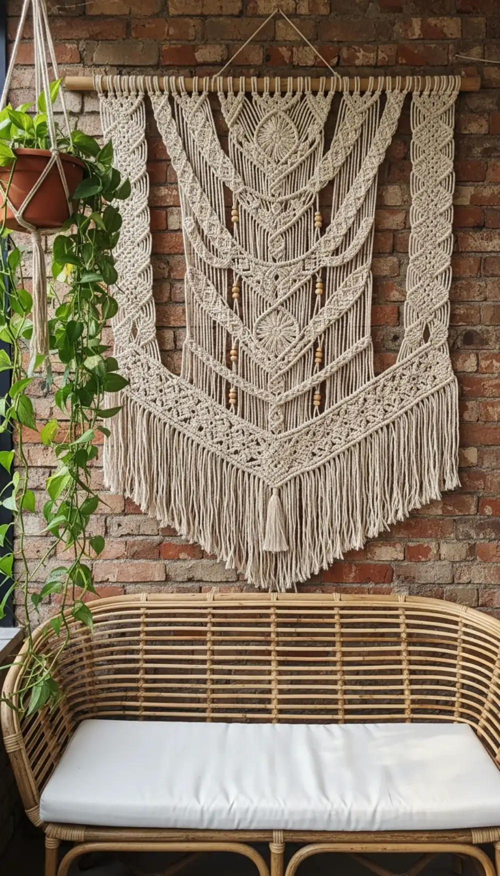 Large beige macrame wall hanging displayed on a brick balcony wall