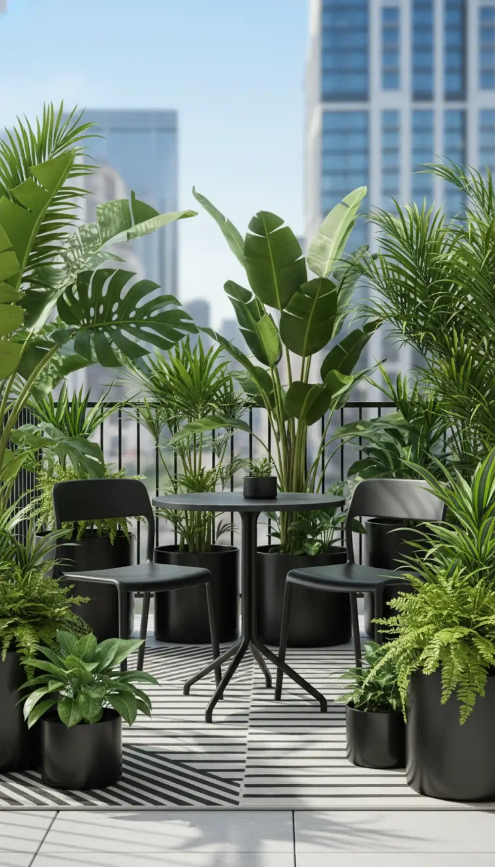 Matte black metal furniture surrounded by bright green plants