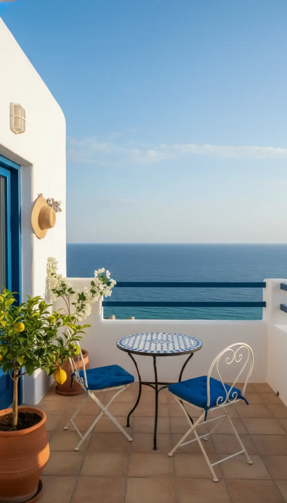 Mediterranean balcony with white walls and cobalt blue tiles