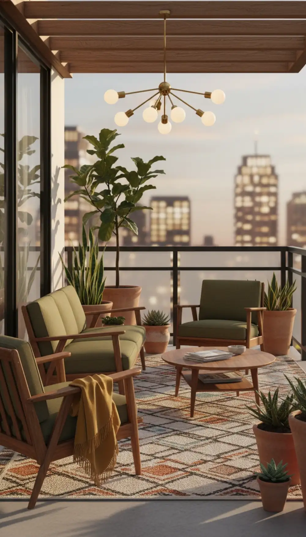 Mid-century modern balcony with teak furniture and olive green accents