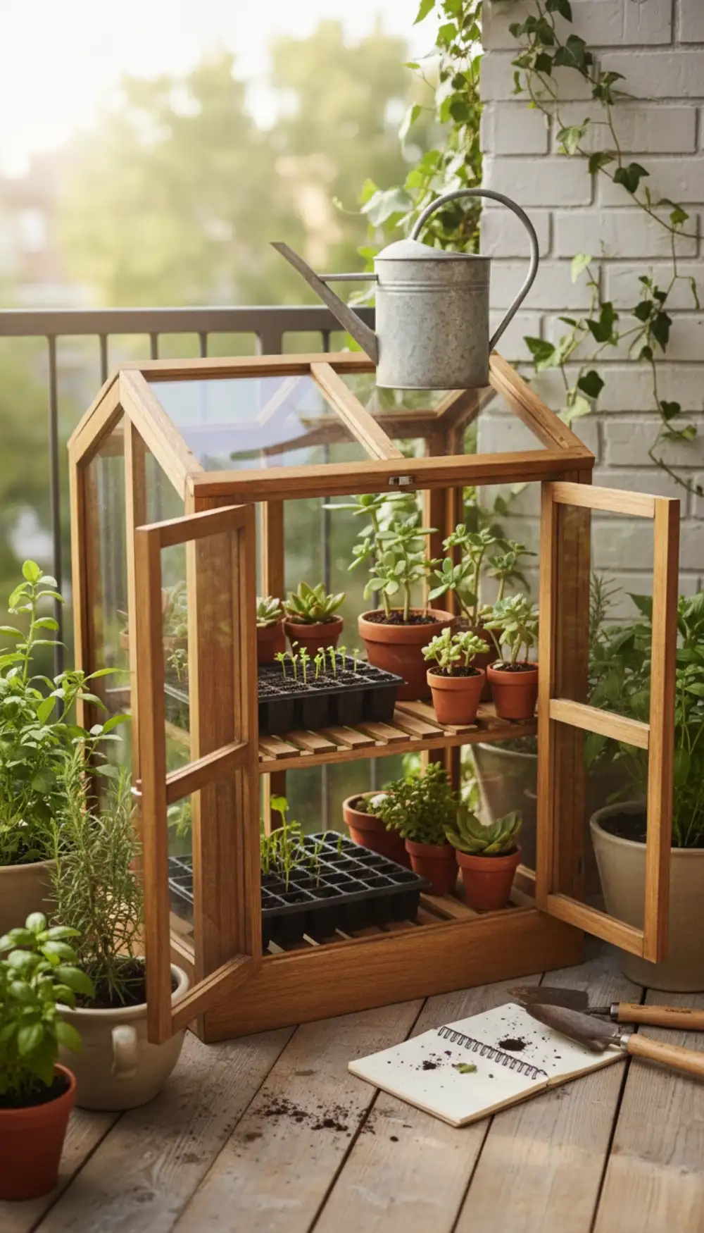 Small glass and wood mini greenhouse cabinet with seedlings