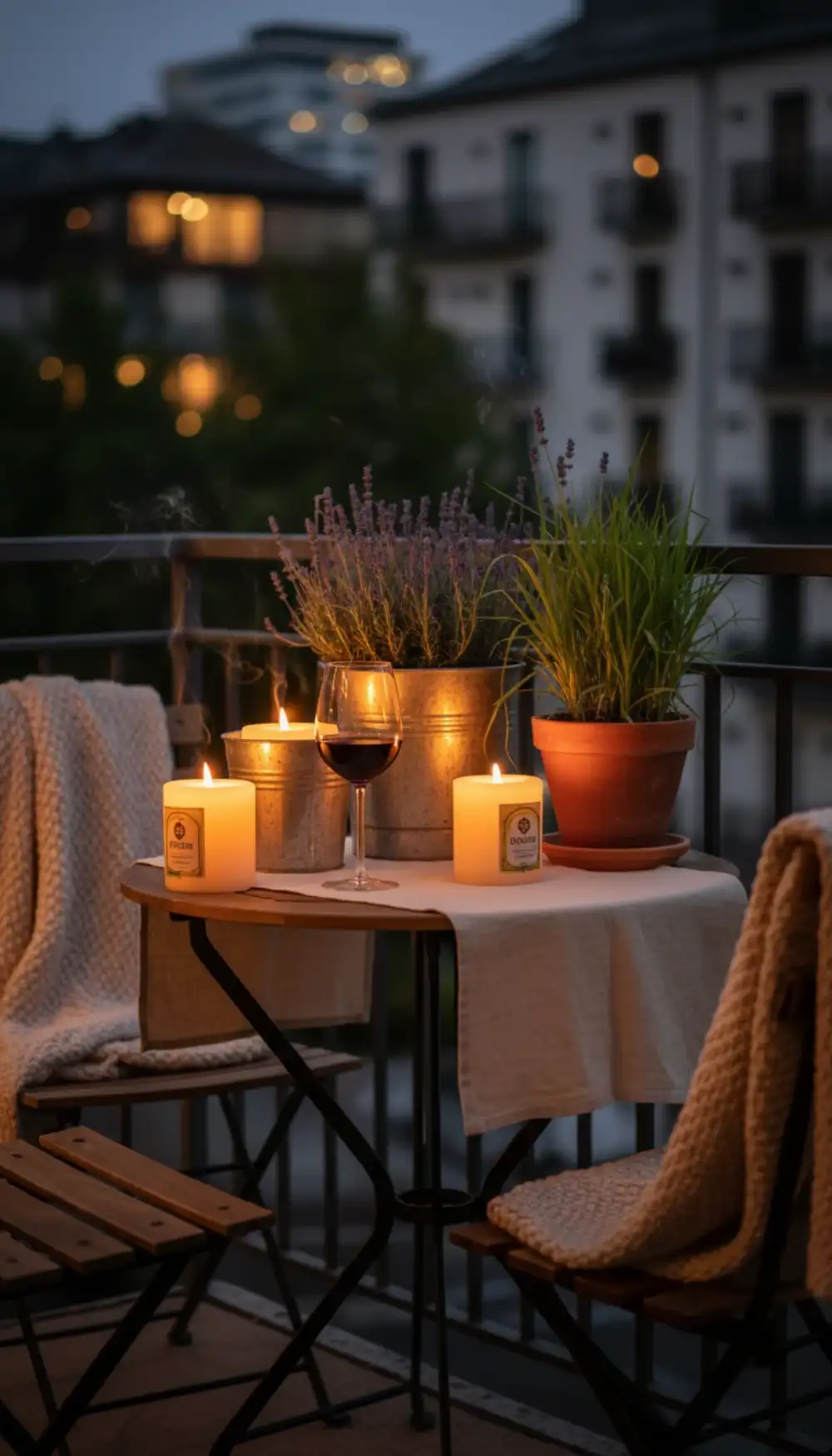 Citronella candles and marigold plants on a balcony table