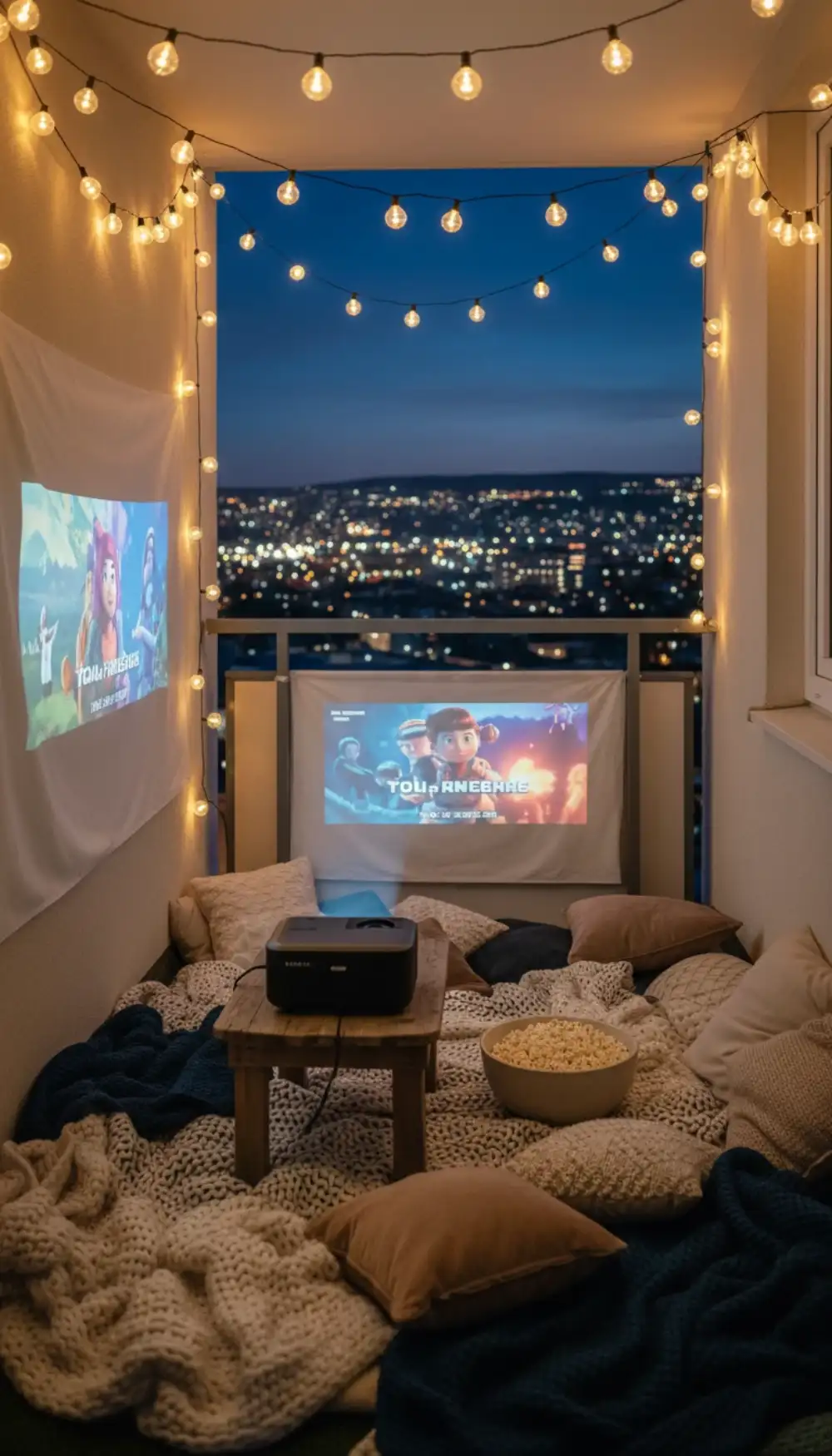 Portable projector displaying a movie on a balcony wall at night