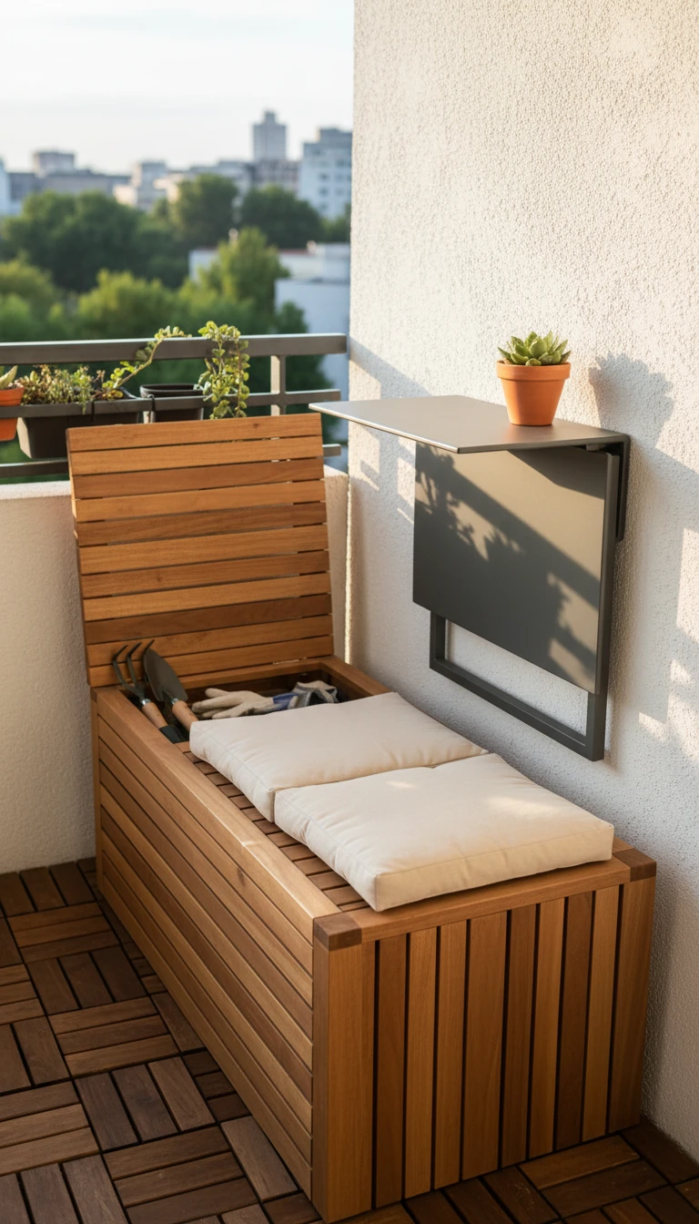 Foldable table and bench with storage on a balcony