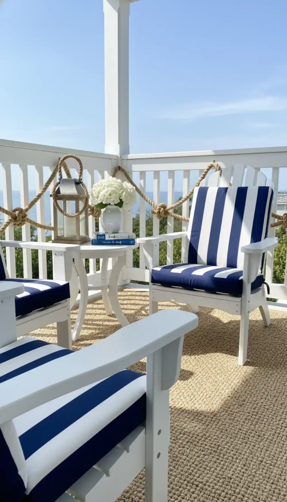 Navy blue and white striped cushions on white furniture