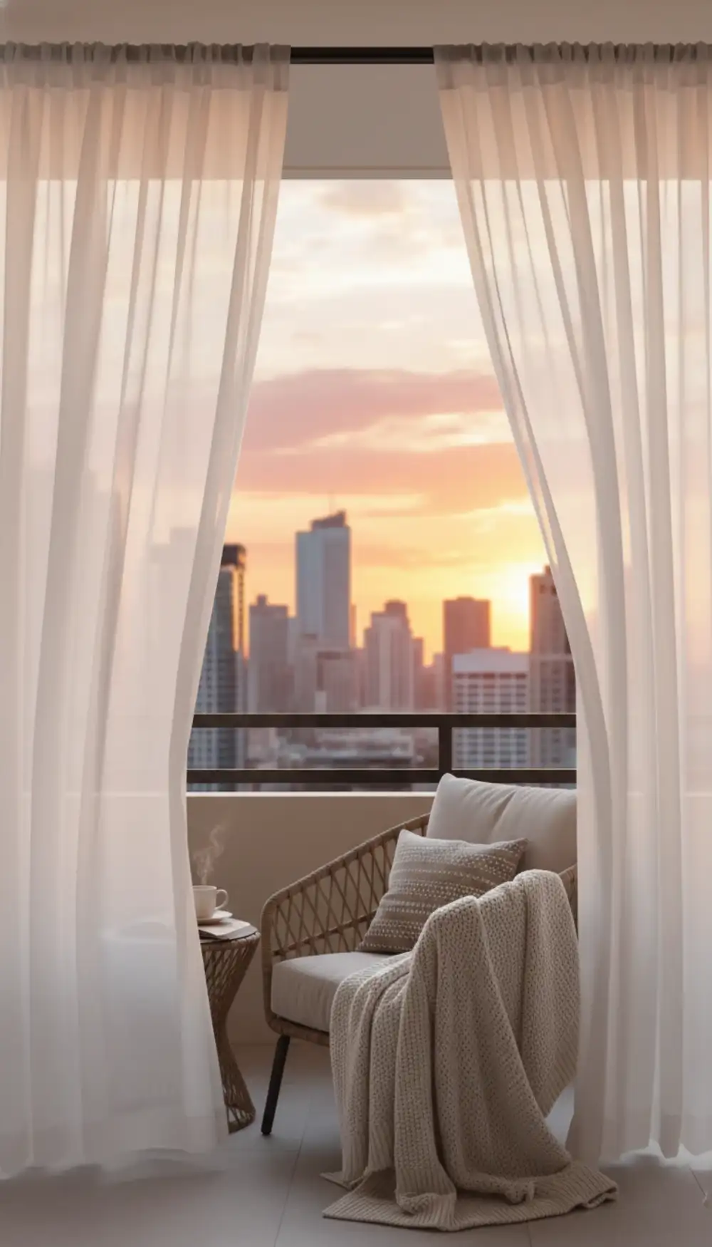 Sheer white curtains hanging on a balcony for privacy