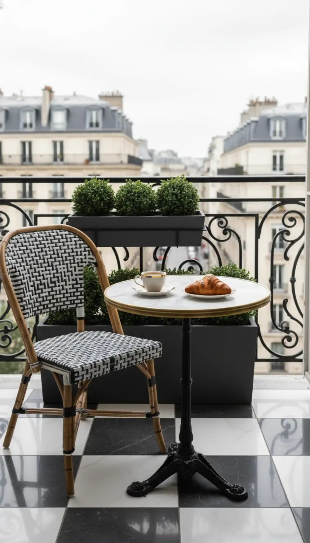 Parisian style balcony with black and white woven chairs and marble table