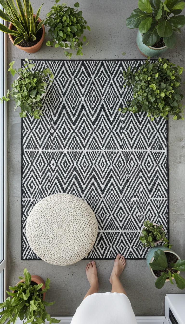 Colorful patterned rug on a small balcony floor