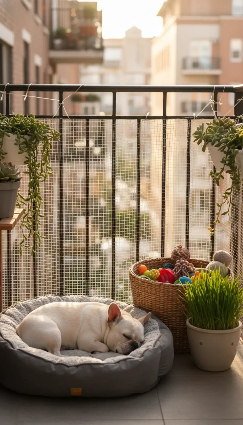 Small balcony corner with a cat bed and pet-safe plants