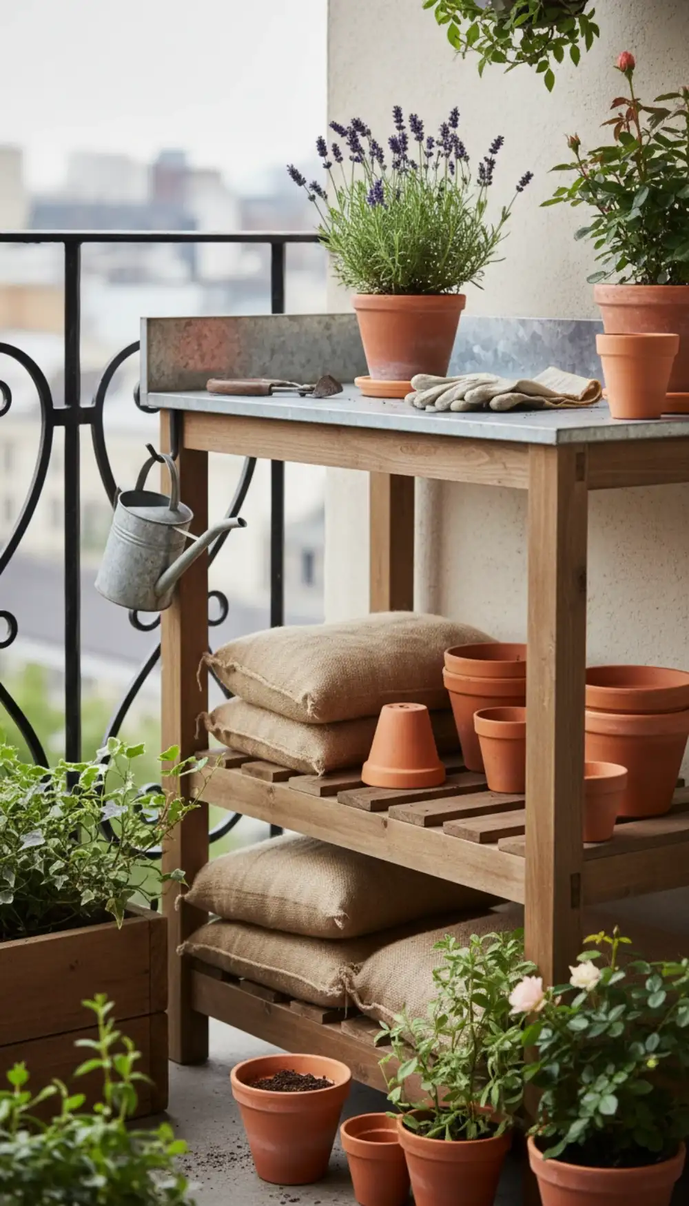Wooden potting bench with shelves and gardening tools on a balcony
