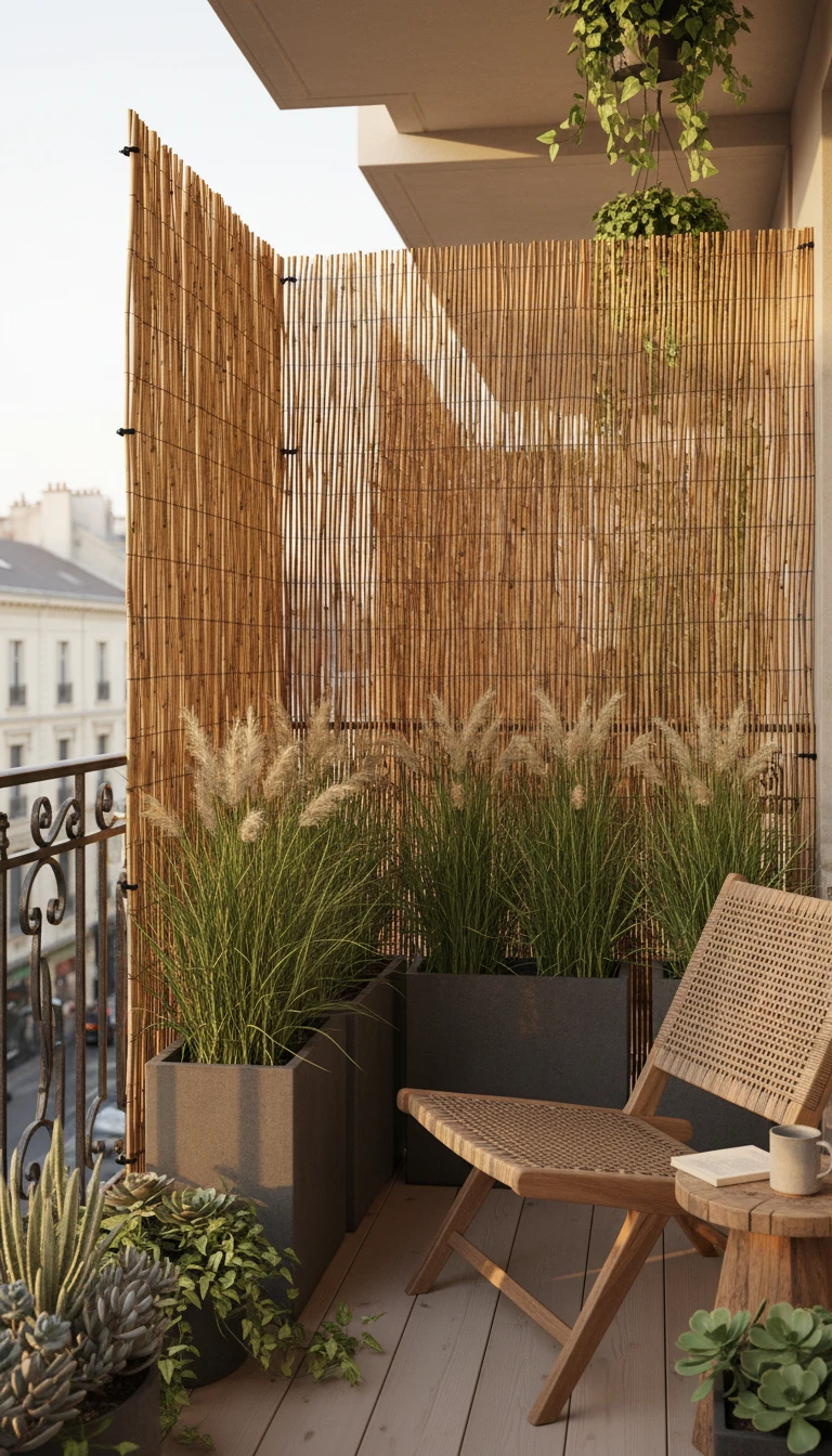 Bamboo privacy screen on a balcony railing