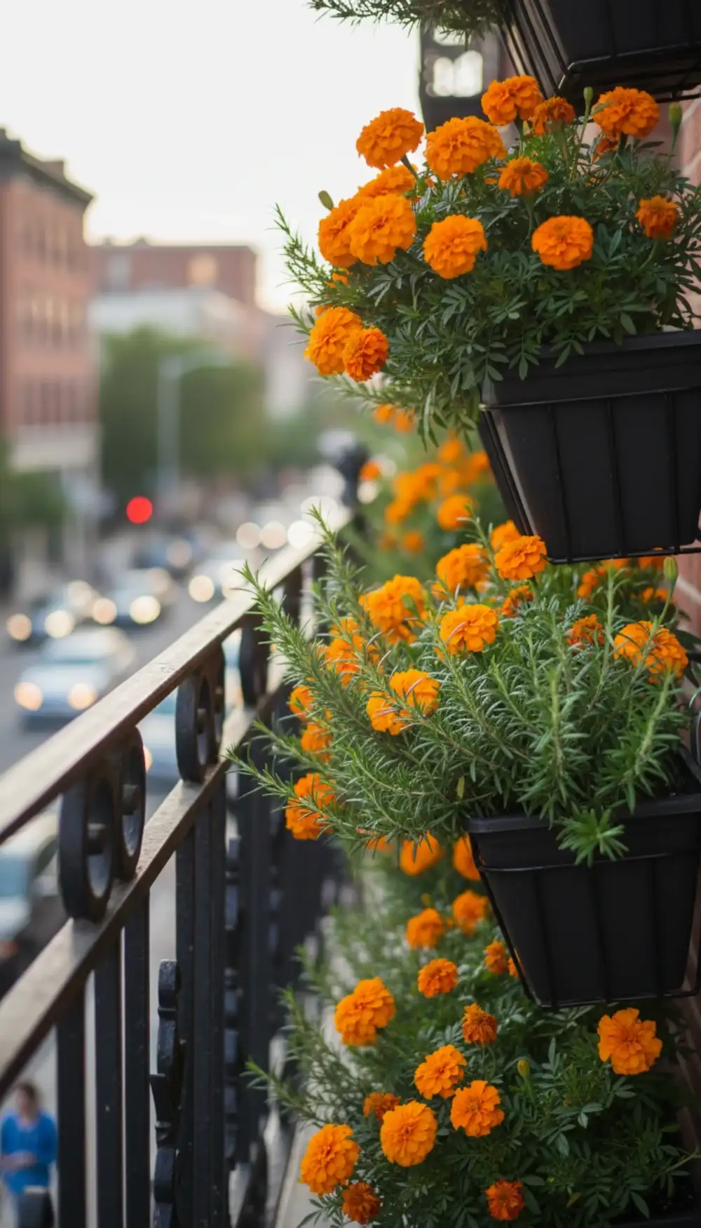 Colorful planters hanging over a balcony railing filled with herbs