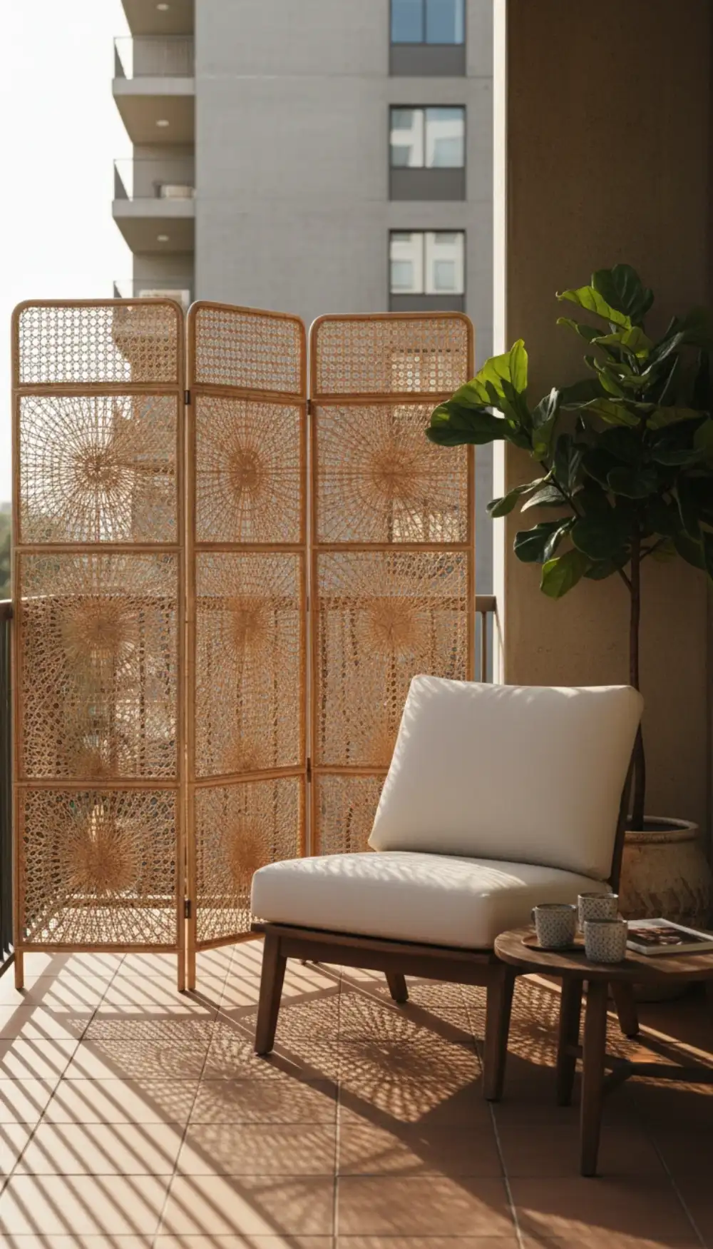Decorative folding room divider screen placed on a balcony