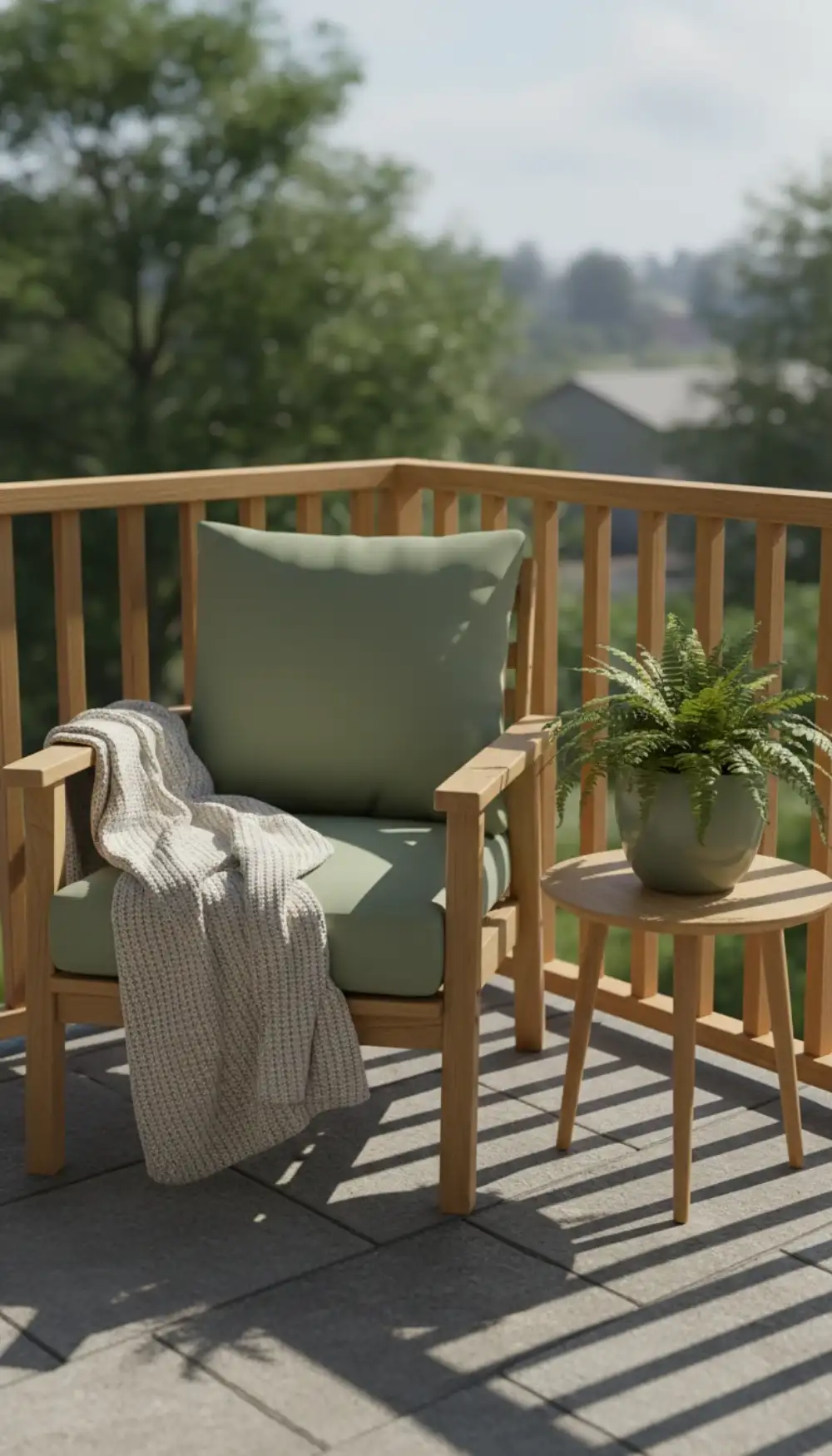 Sage green cushions on light oak wooden chairs