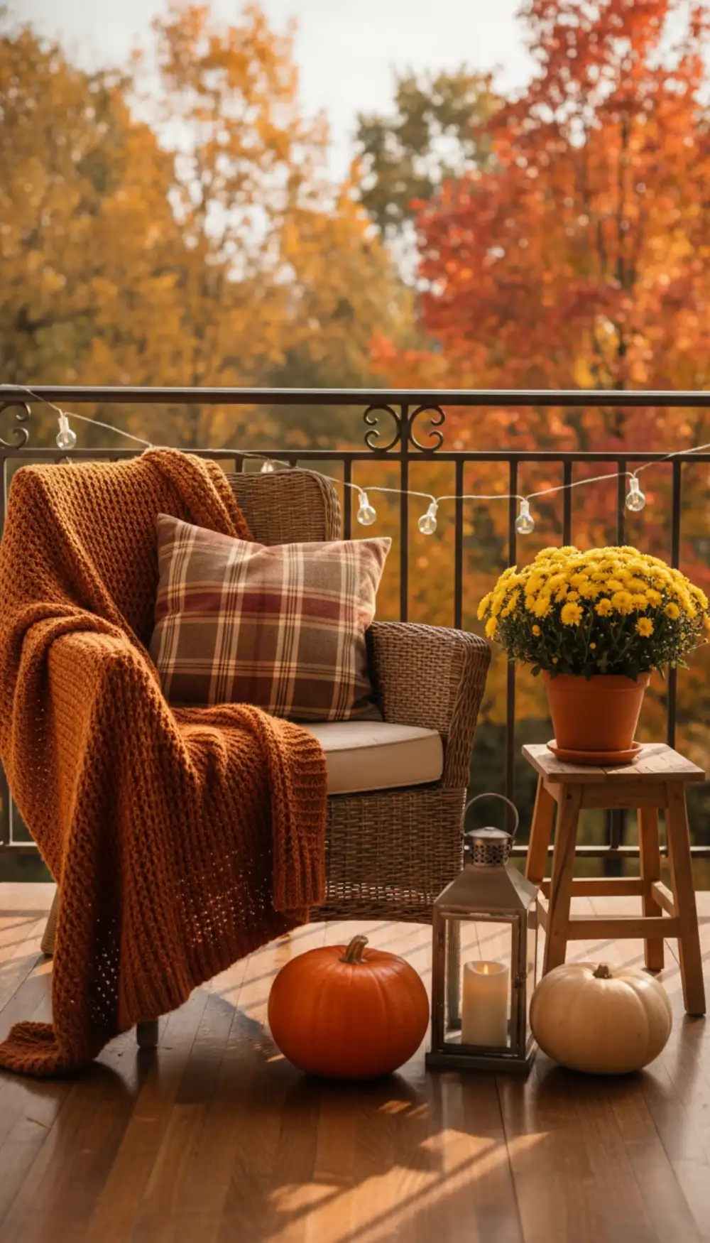 Balcony decorated with pumpkins and orange pillows for autumn