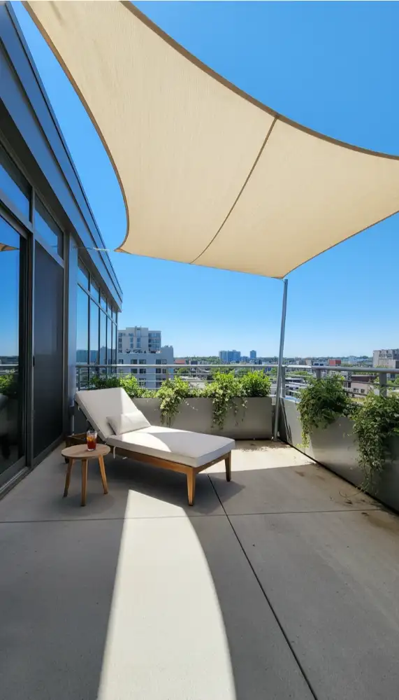 Rectangular sun shade sail covering a sunny balcony