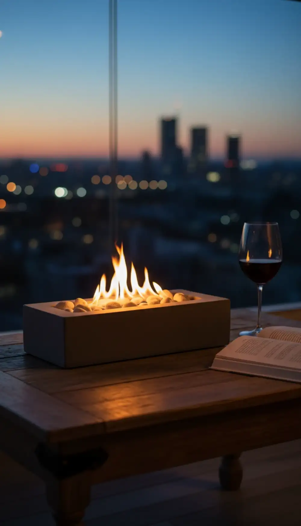 Small concrete bioethanol fire pit burning safely on a table