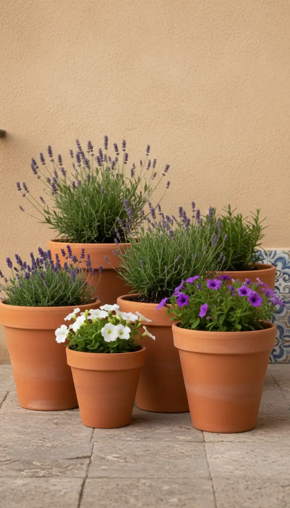 Collection of matching terracotta pots with various plants