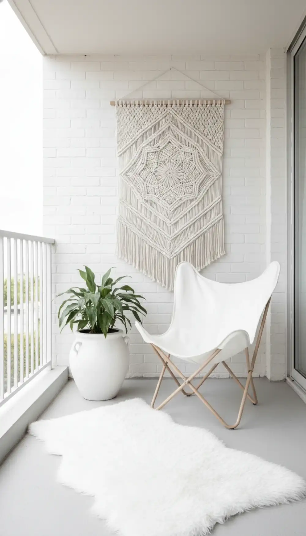 All-white balcony decor with various fabric textures