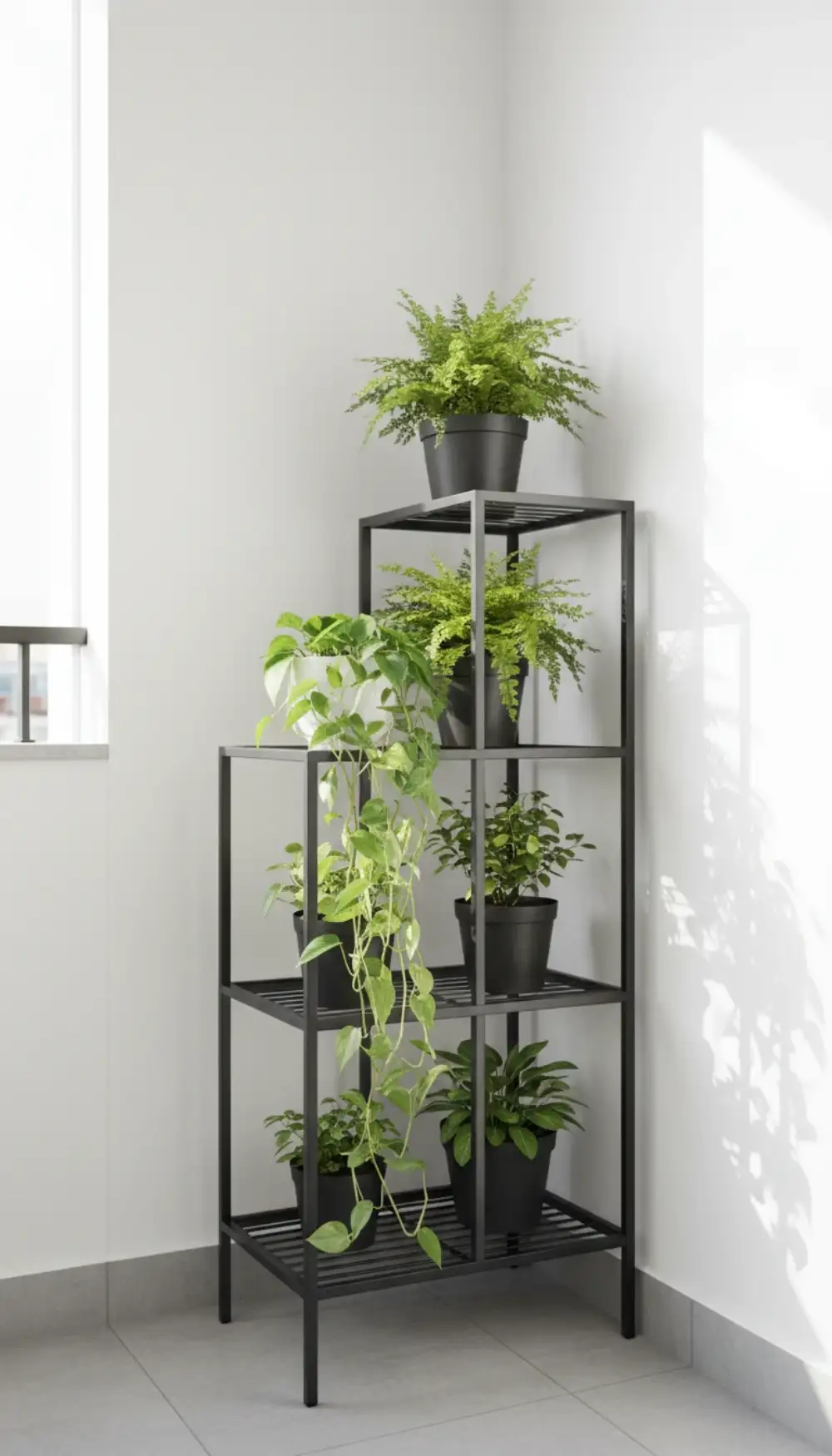 Black metal tiered plant stand in a corner filled with pots