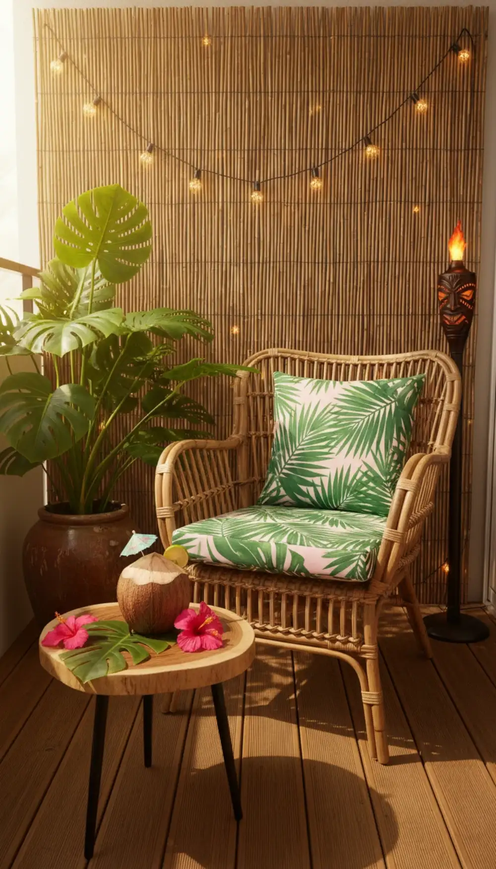 Balcony decorated with tropical plants, bamboo accents, and tiki torch