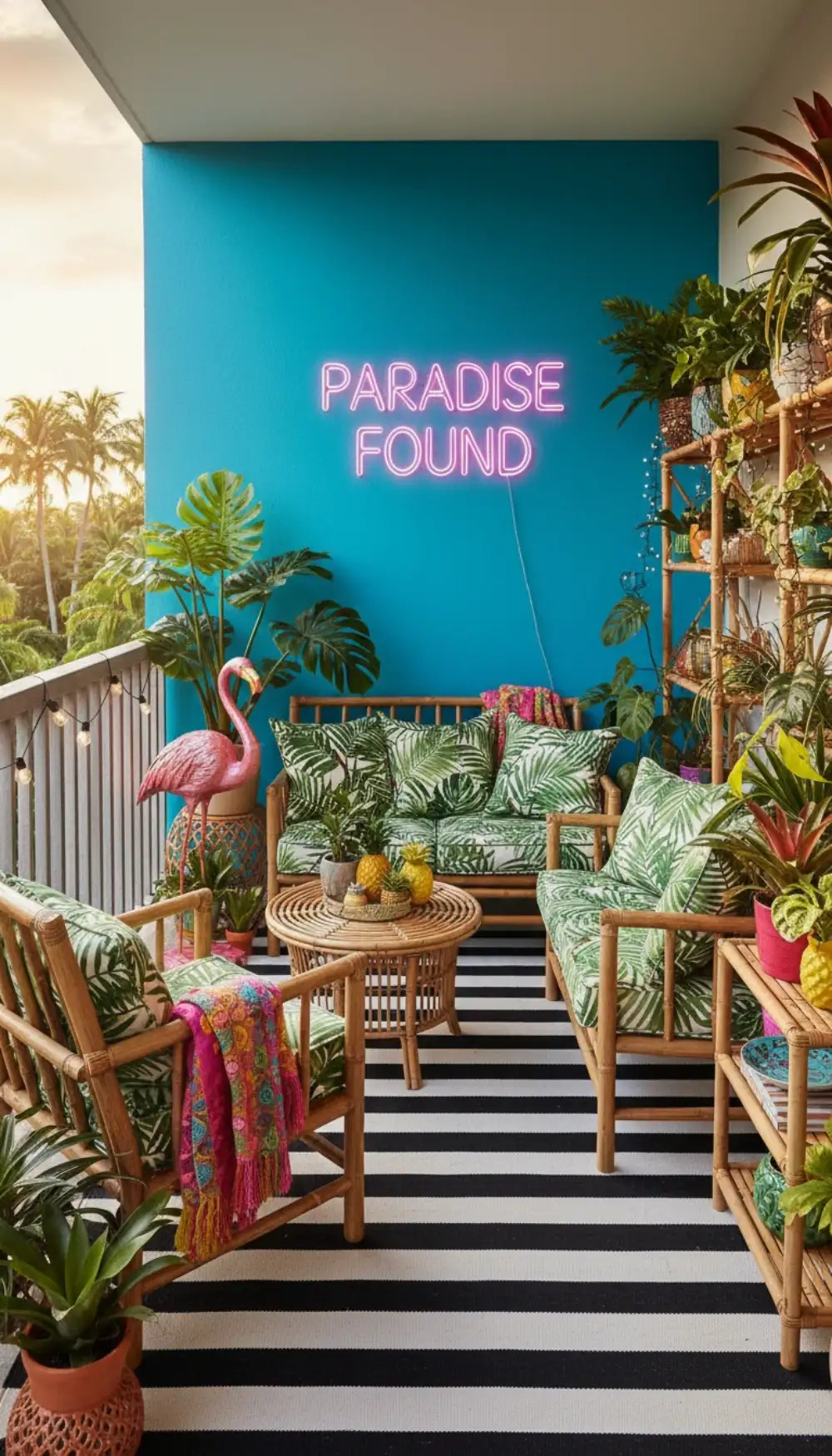Vibrant tropical balcony with teal walls and pink neon sign