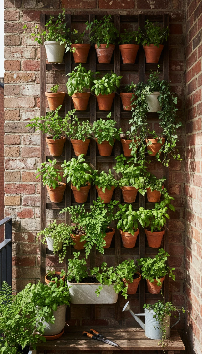 Lush vertical garden wall on a small balcony