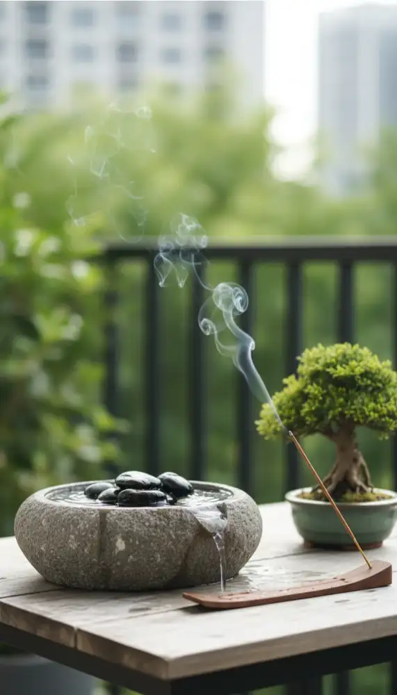 Small tabletop stone water fountain on a balcony table