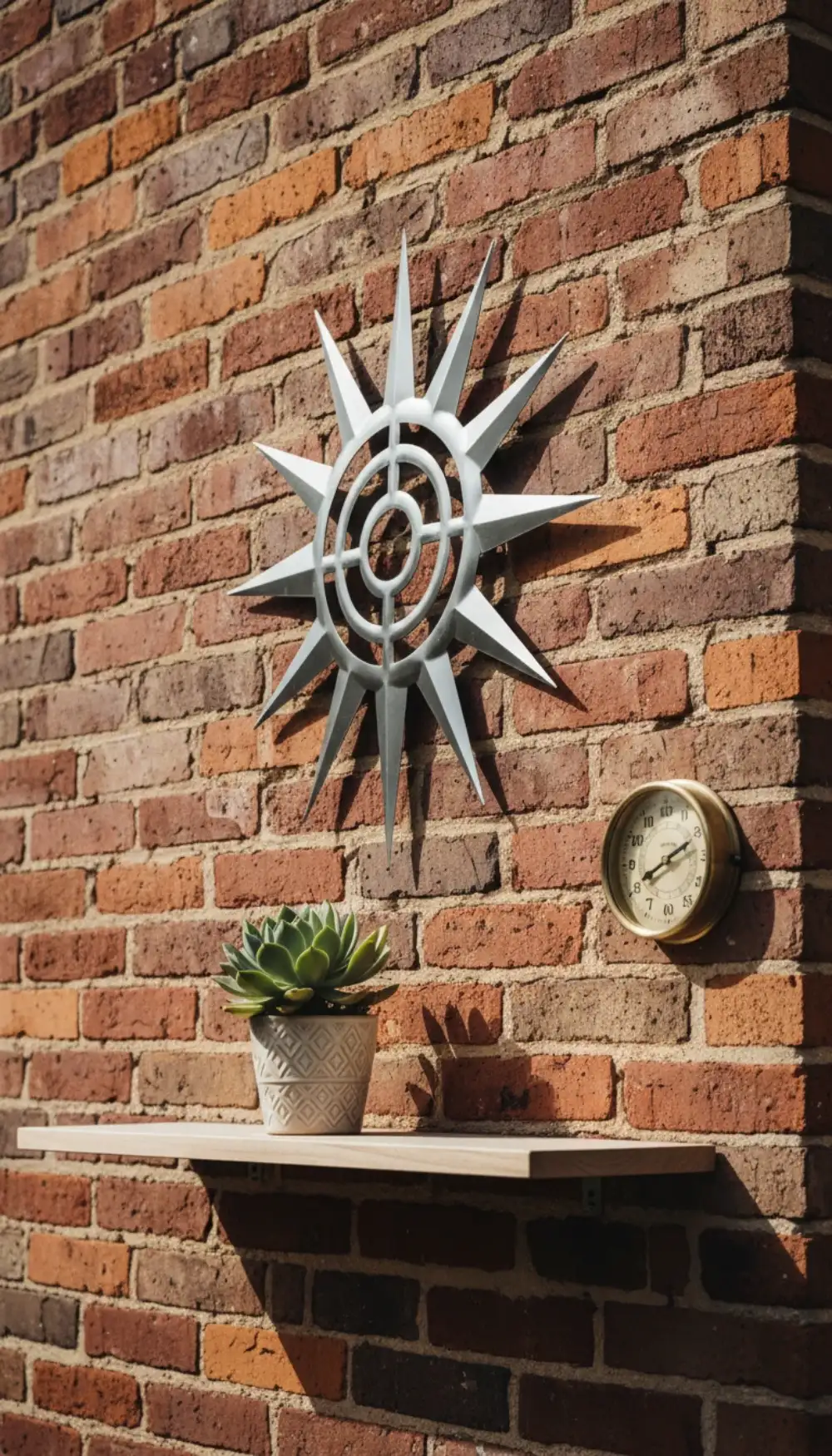 Metal wall art hanging on a balcony brick wall