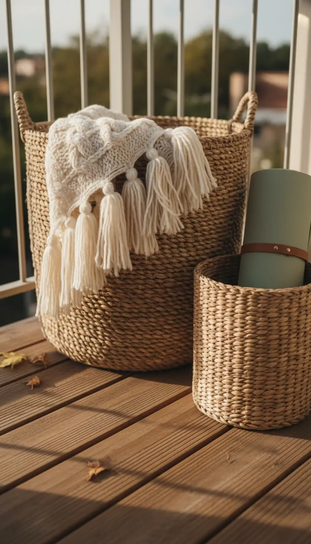 Wicker baskets storing blankets and pillows on a balcony