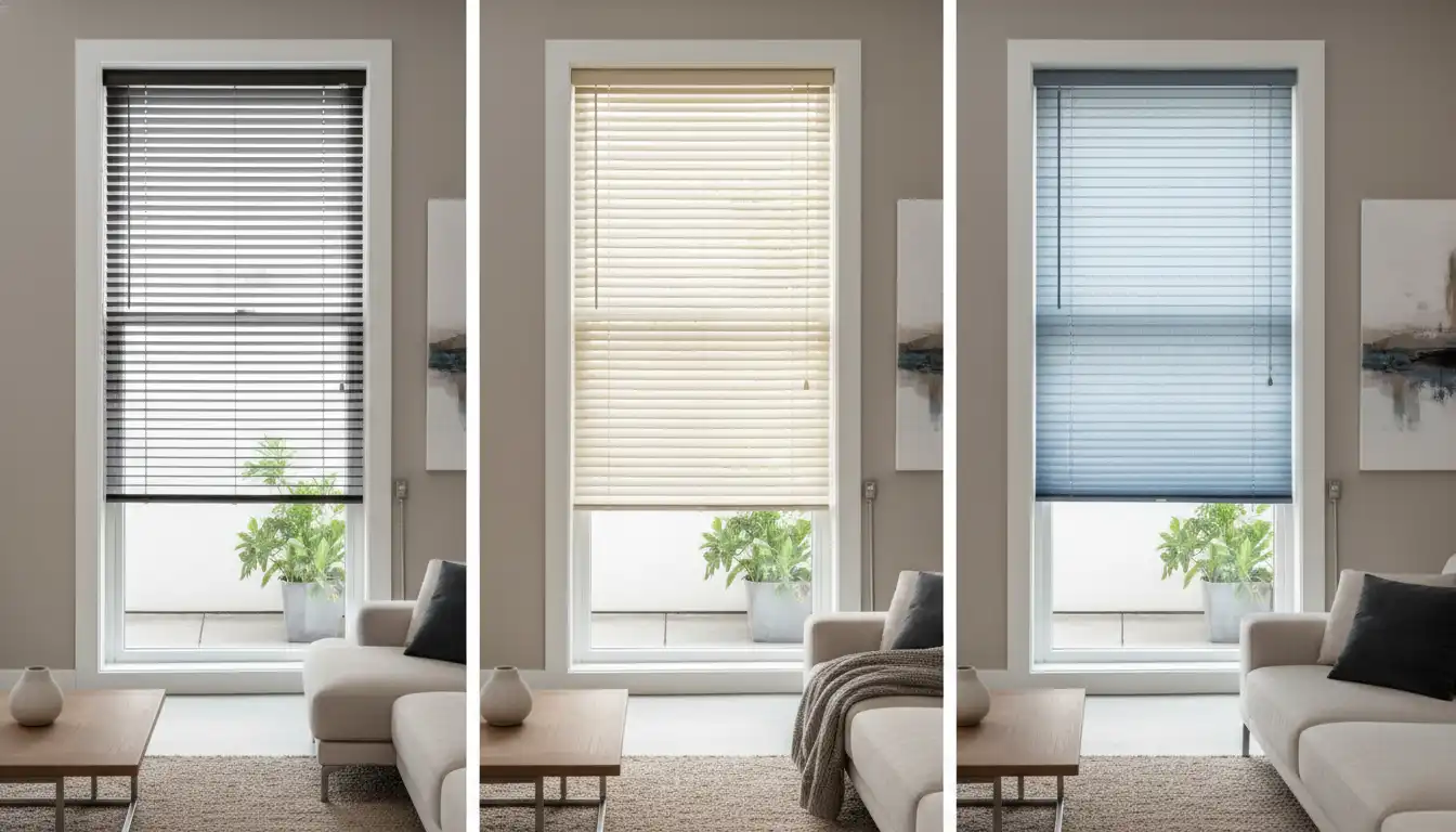 A side-by-side comparison of three different styles of neutral-colored window blinds against a plain wall.