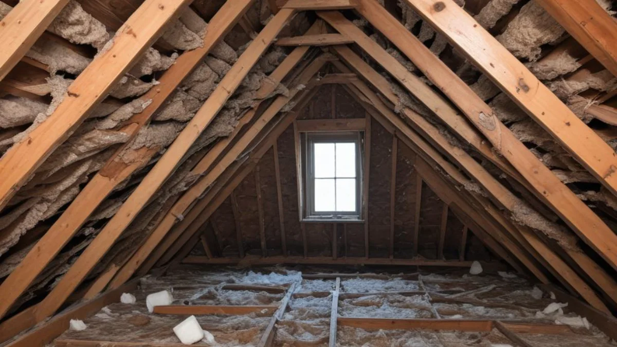 Exposed wooden attic rafters with old, deteriorating balsam wool insulation and debris in the cavities.