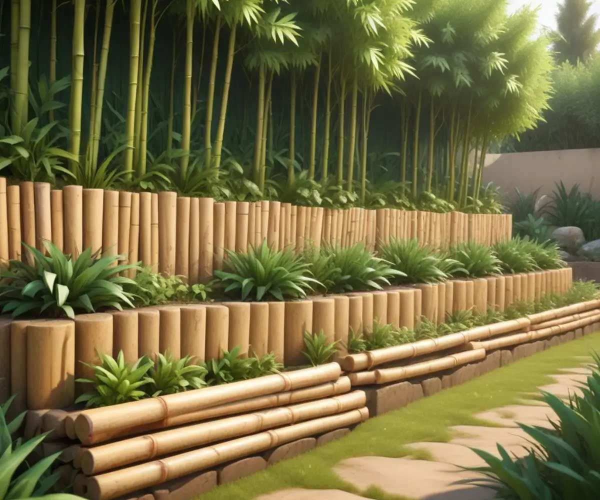 A terraced garden bed with a sturdy retaining wall made of natural bamboo poles.