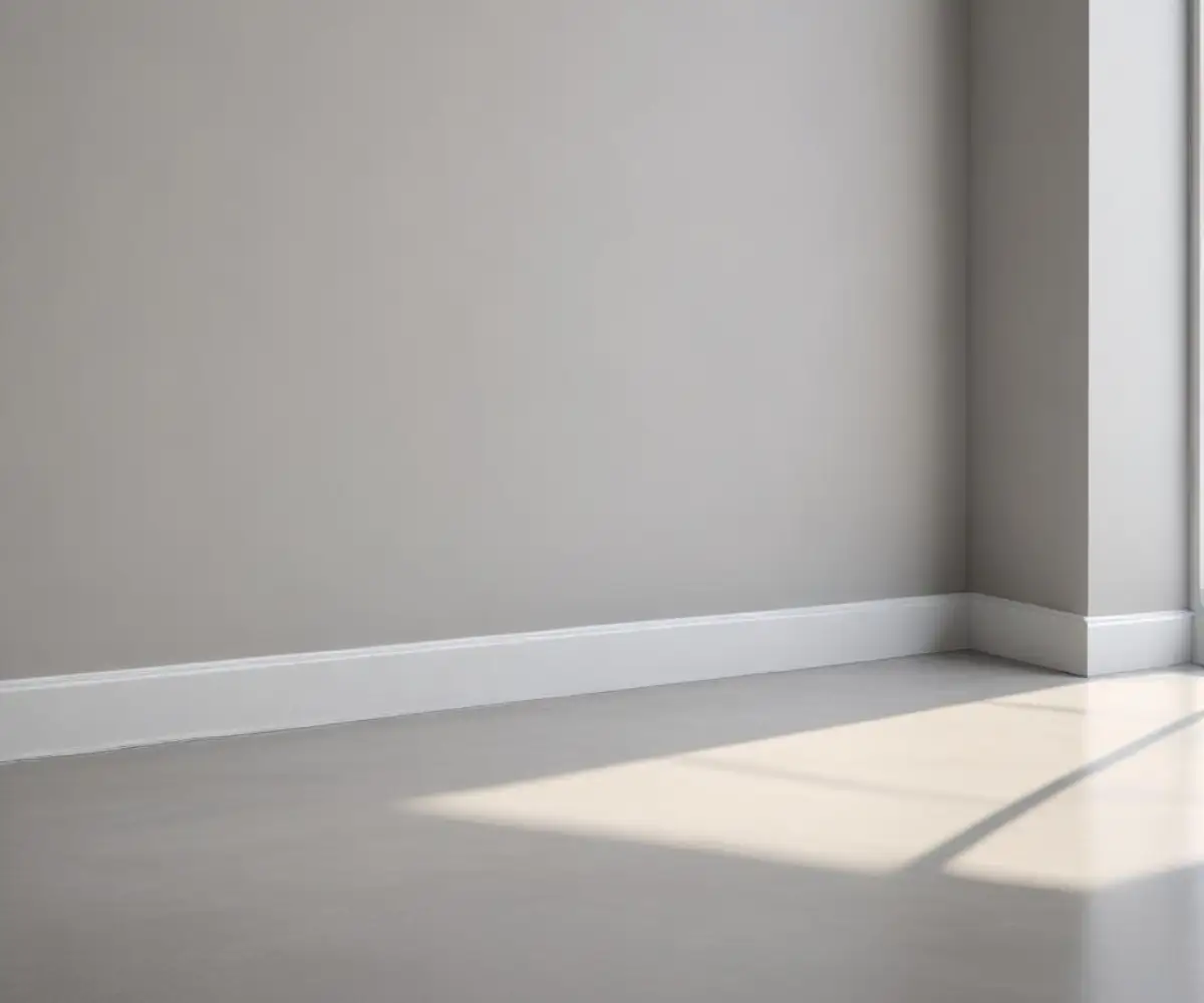 White baseboard molding installed where a gray concrete floor meets a light gray wall.