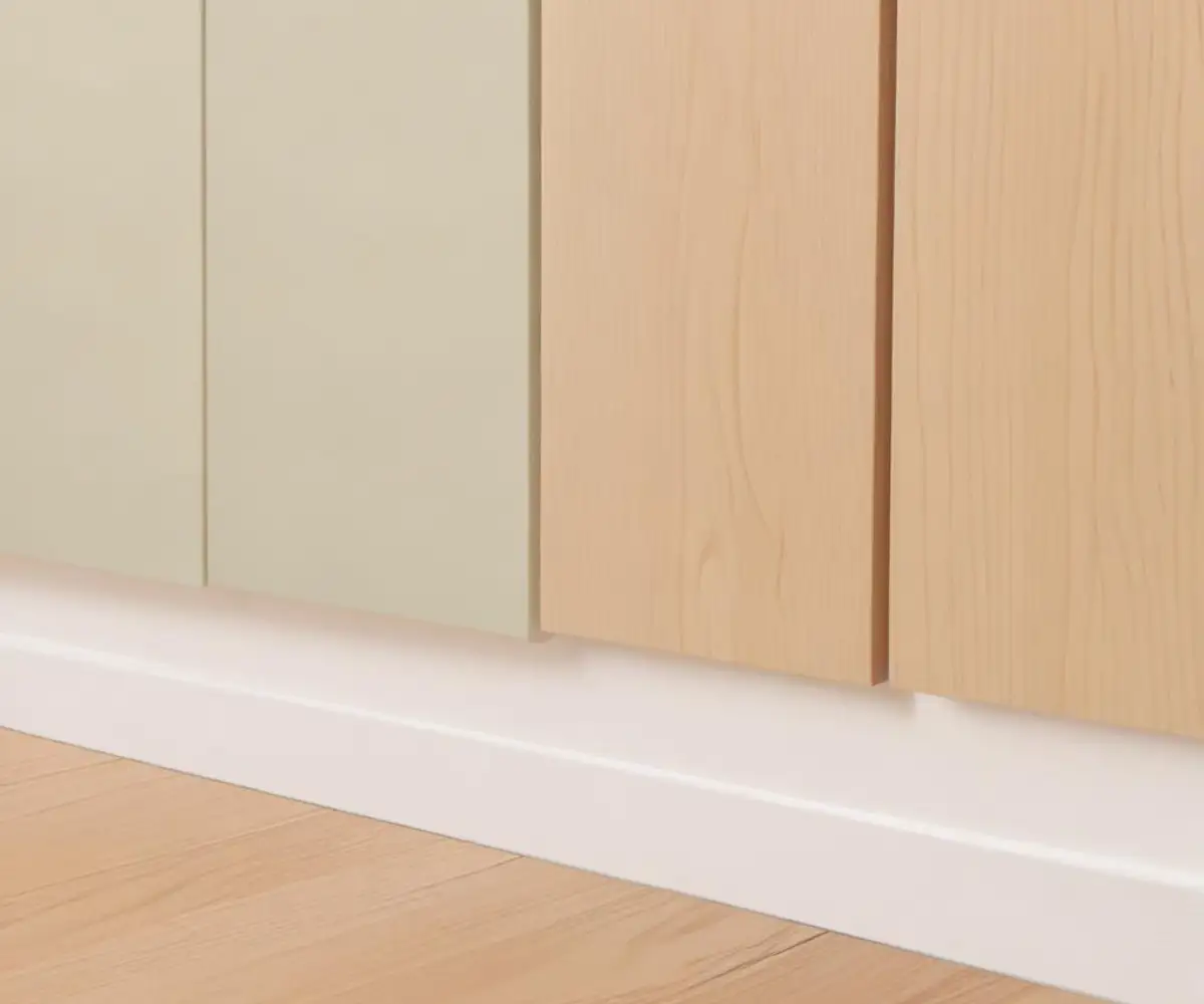 Close-up of a white wooden baseboard installed at the bottom of dark kitchen cabinets on a light oak floor.