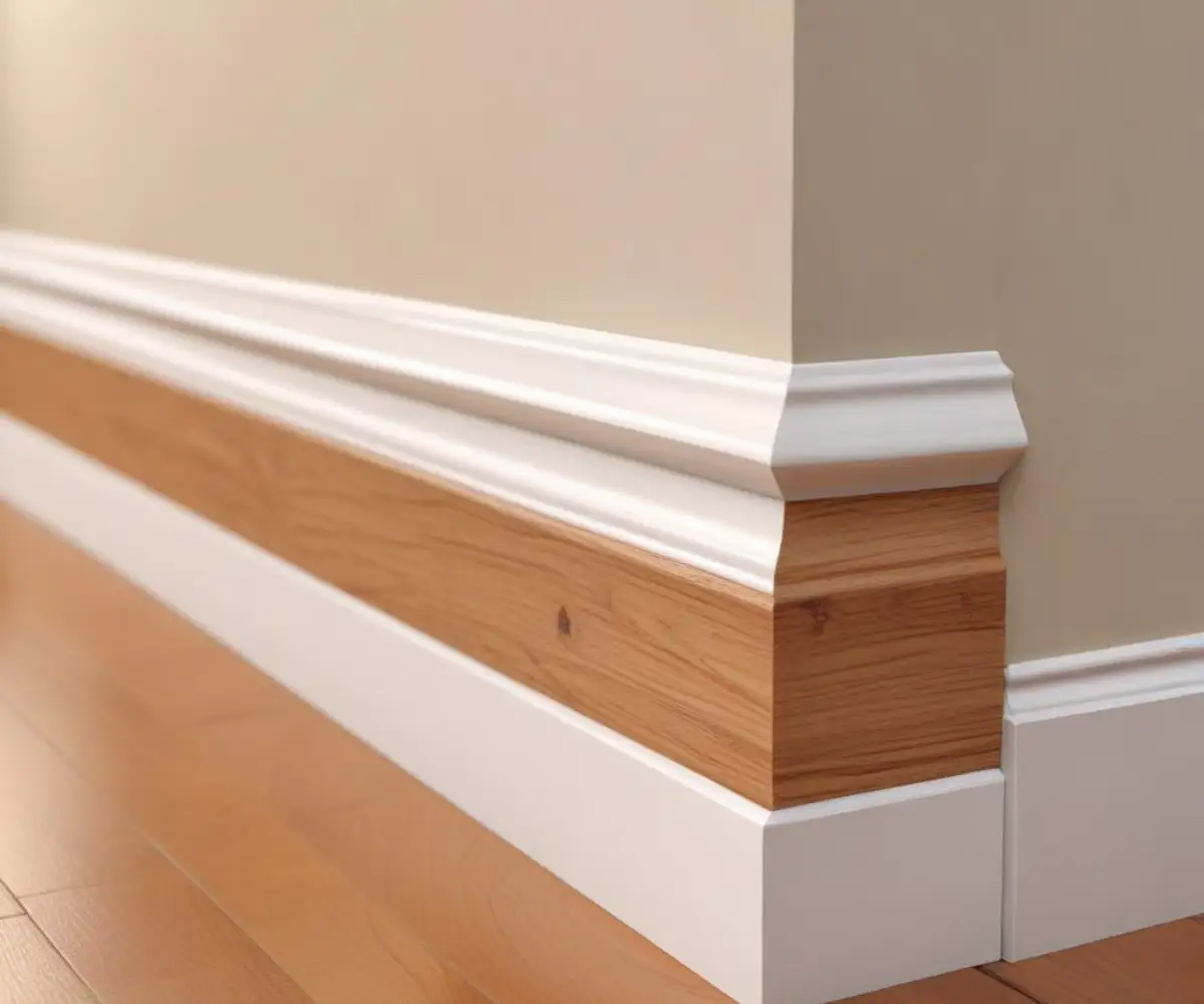 Close-up of a decorative wooden baseboard corner block installed between two pieces of white baseboard molding where the wall forms an inside corner.