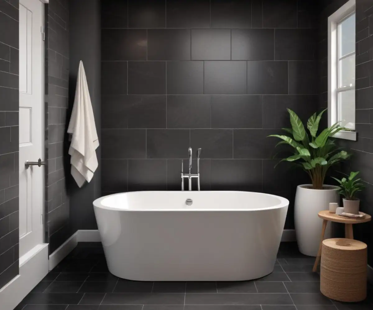 Freestanding white soaking tub on a dark tile floor in a finished basement bathroom.
