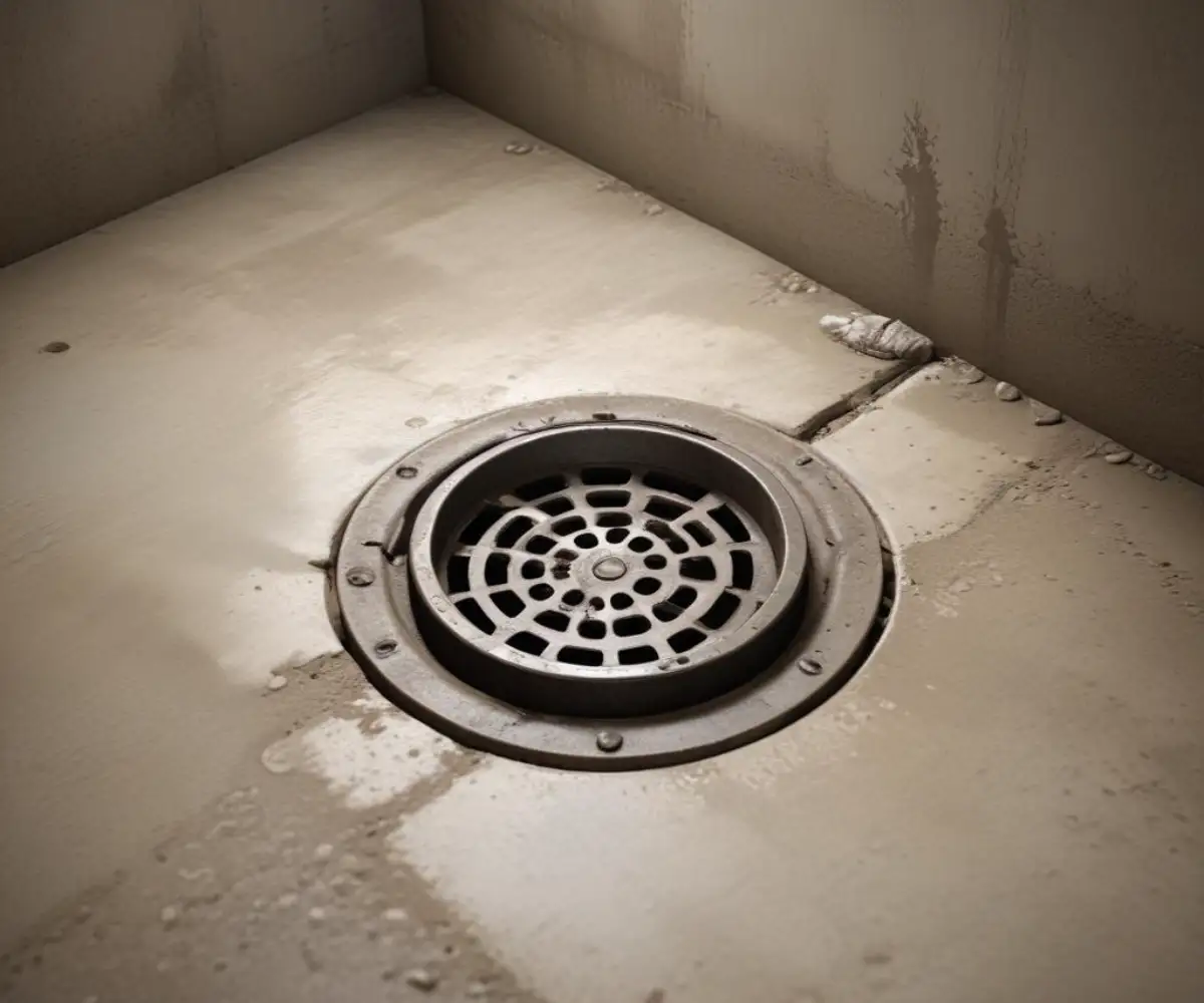 A round, metal basement floor drain set into a concrete floor with water visible inside.