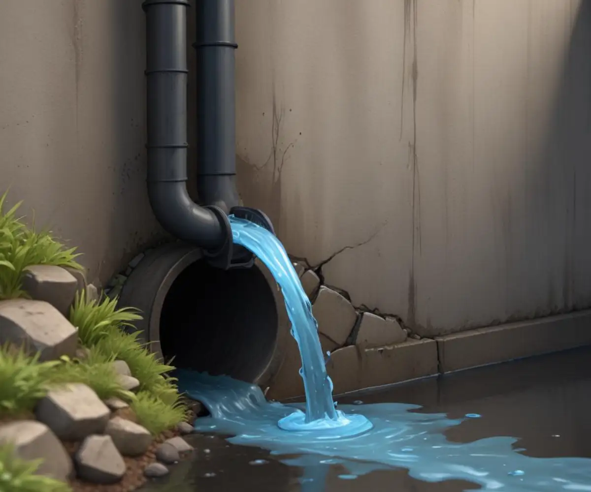 Water leaking from a dark-colored sewer pipe where it enters a concrete basement wall.