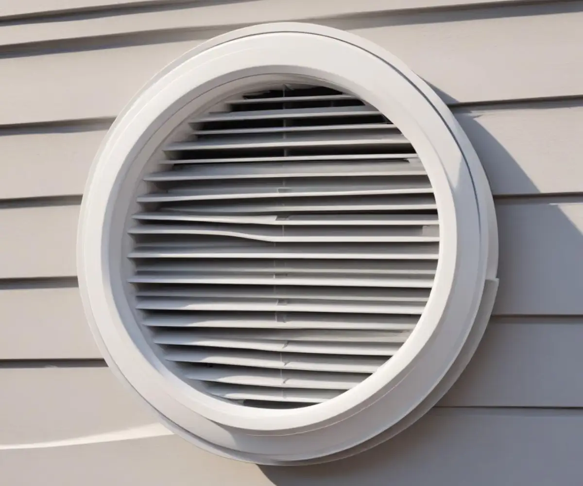 A close-up of a white circular exterior exhaust vent with a fine mesh screen covering the opening, mounted on a light gray vinyl siding wall.