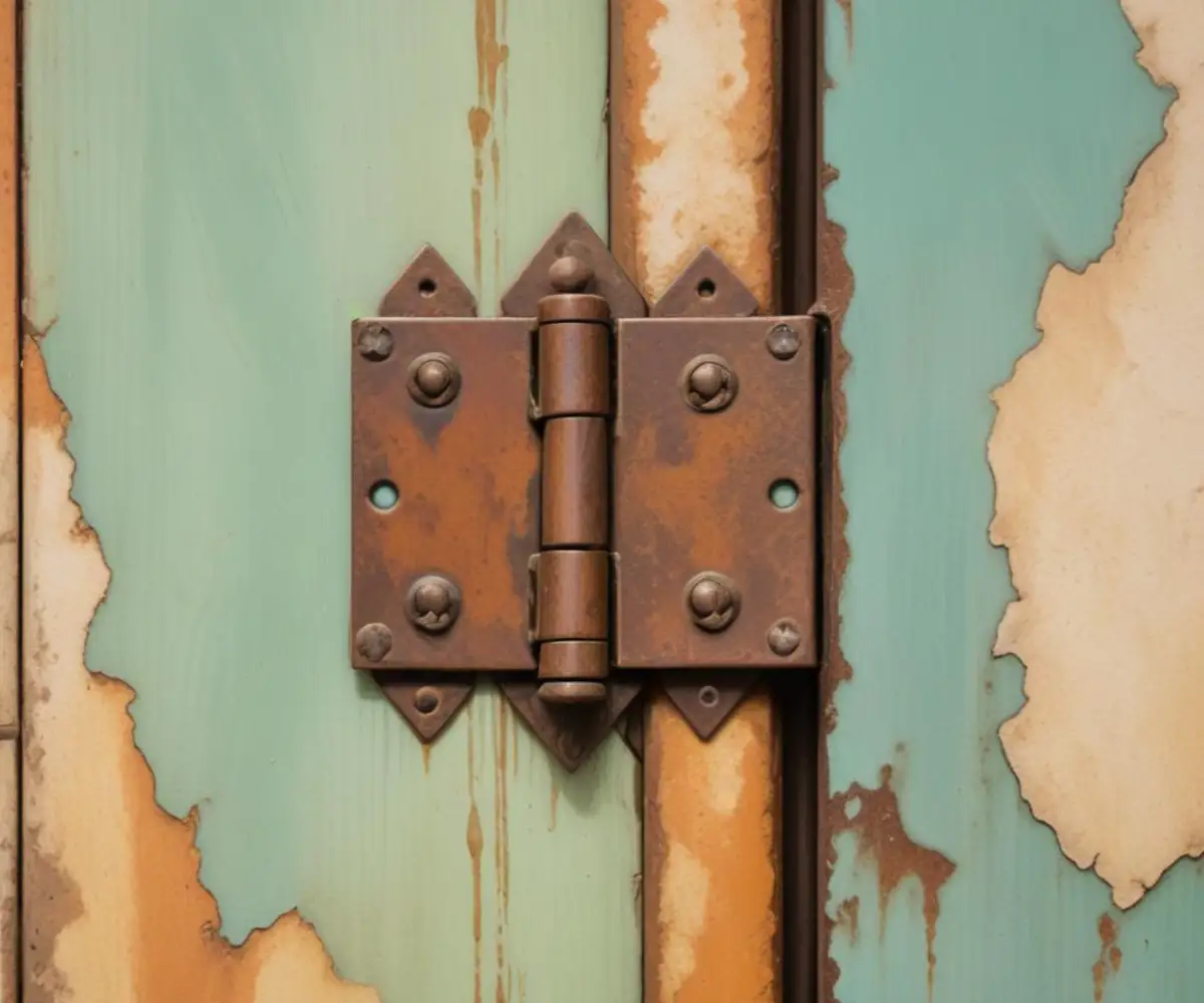Close-up of a corroded and rusted metal shower door hinge against a tiled wall.