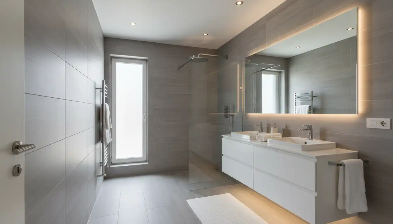 A modern, newly renovated bathroom featuring a glass-enclosed walk-in shower with rainfall shower head, a floating vanity with dual sinks, and large format gray tiles on the floor and walls.