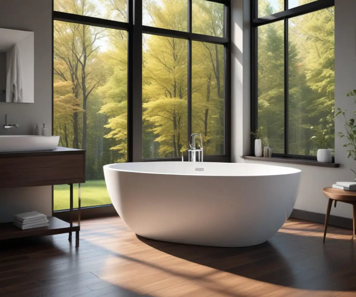 A freestanding white soaking tub on a dark wood floor in a modern master bedroom next to a large window.