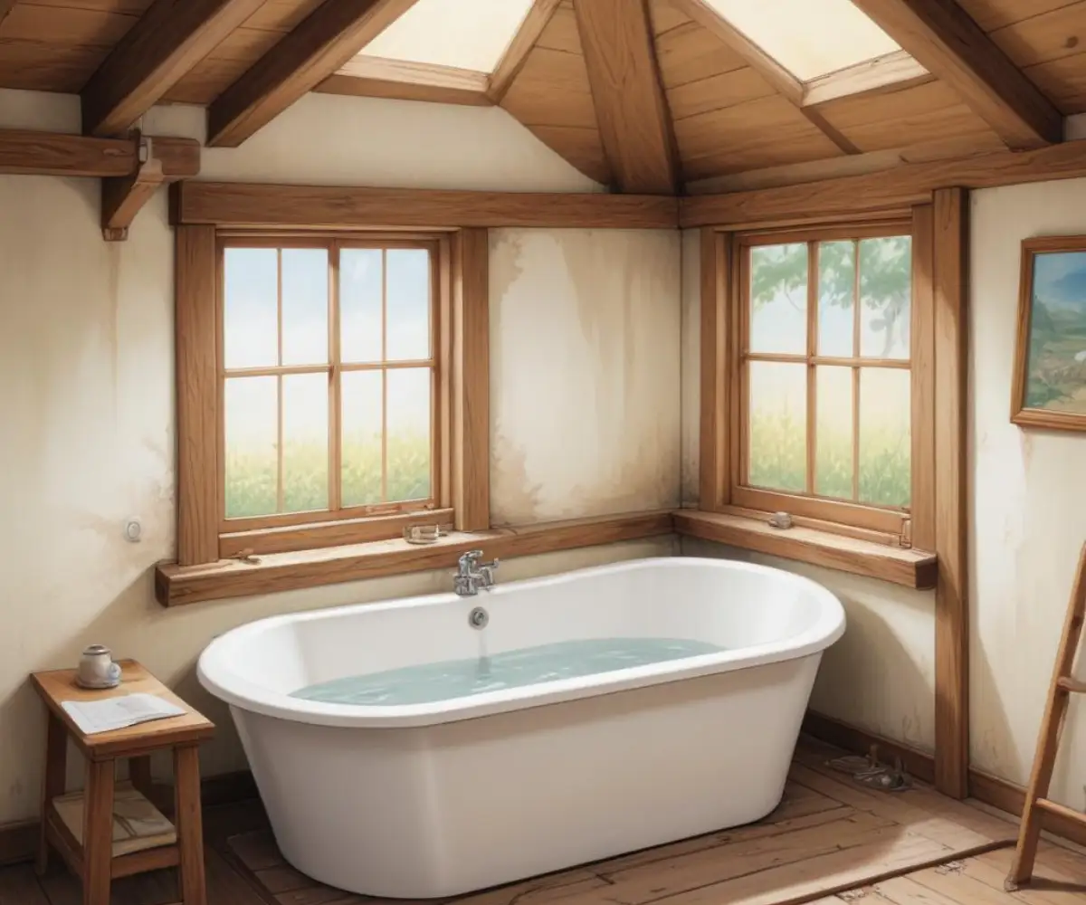 Empty white alcove bathtub on an unfinished second-story wooden subfloor.