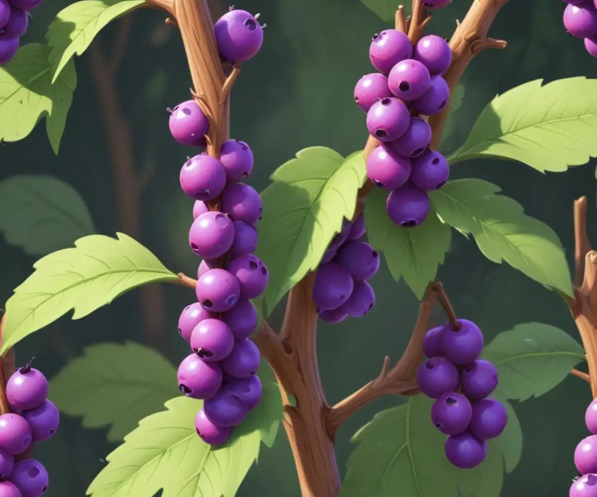 A close-up of a woody plant stem with distinctive clusters of small, bright purple berries nestled at the leaf nodes.